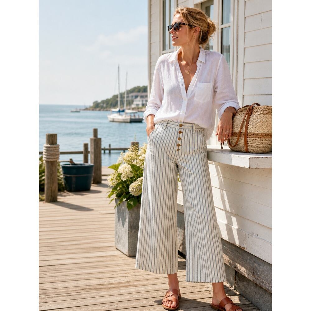 Madewell Emmett Wide Leg Crop Jeans 24 Montpellier Stripe Button Fly Coastal